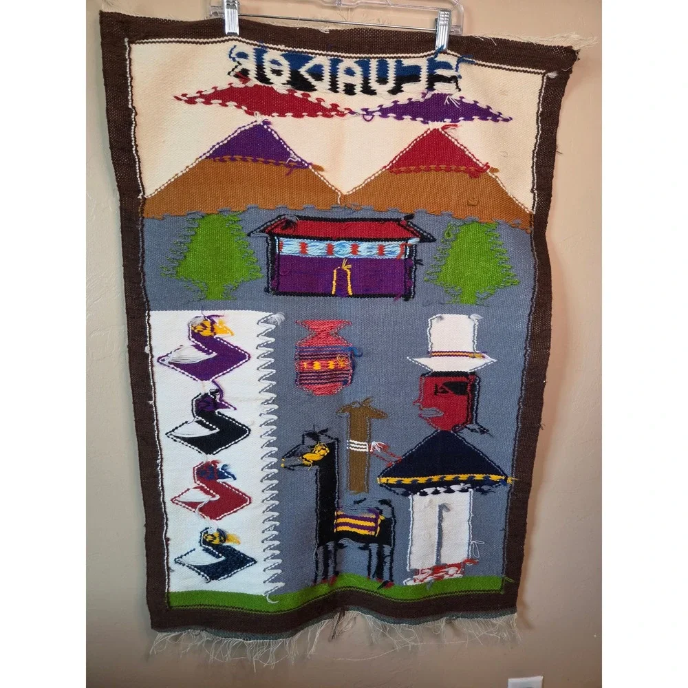 Vintage Handwoven Ecuador Wool Wall Hanging Folk Art Llama Mountain Textile